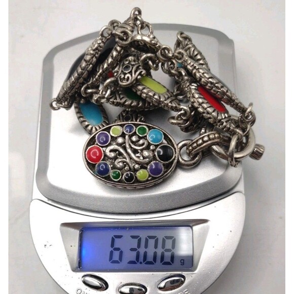 Sterling Silver 18" Necklace 63g Southwestern Enamel Bead 8.6mm Toggle Pendant - Picture 16 of 16